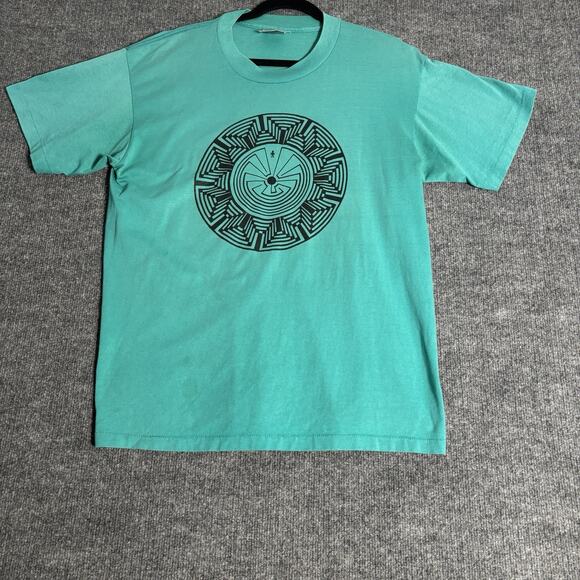 Vintage Oneita Shirt Men’s XL Turquoise Power 50 Sun Maze Graphic USA Made - Picture 1 of 10